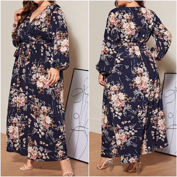 Plus Navy Blue  Floral Print Belted Maxi Dress - Picture 2 of 10
